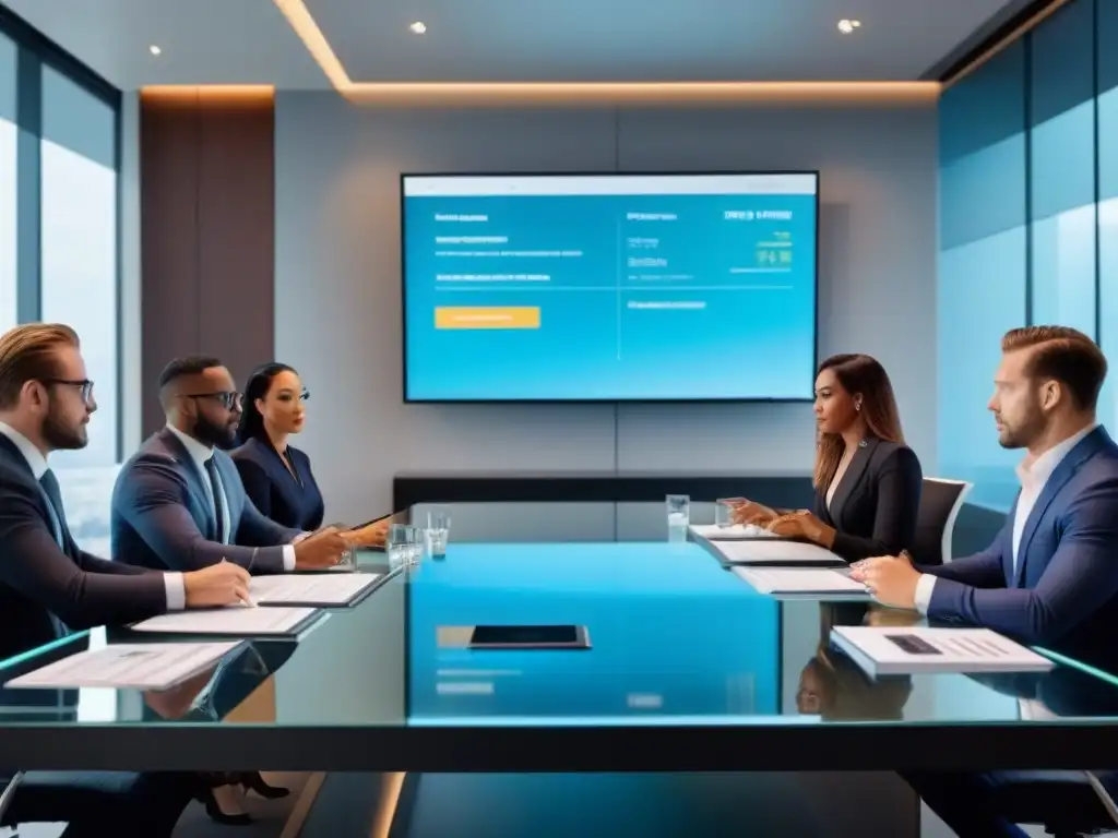 Profesionales discuten estrategias de inversión en elegante sala de juntas Grupo de profesionales diverso discutiendo estrategias avanzadas para invertir en REITs en una sala de juntas de lujo