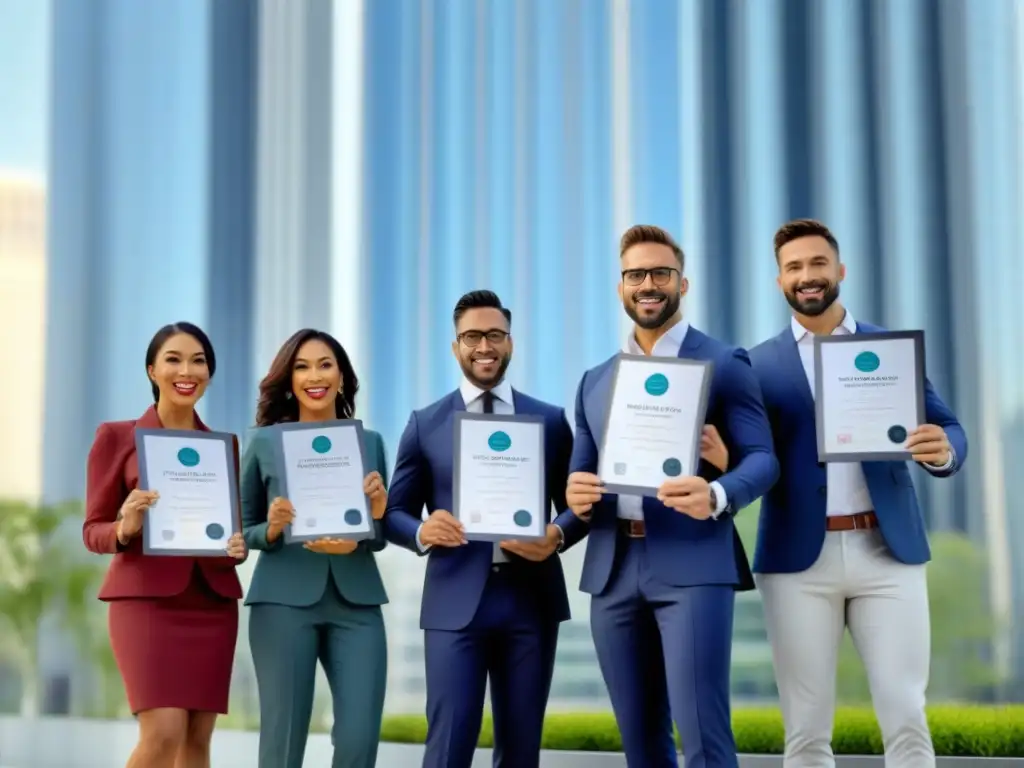 Profesionales inmobiliarios exitosos con certificaciones de finanzas Un grupo de profesionales inmobiliarios exitosos discuten frente a un edificio moderno, sosteniendo certificaciones en finanzas inmobiliarias