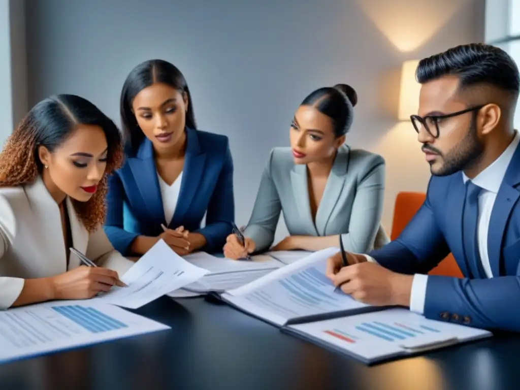 Grupo de profesionales discutiendo sobre inversiones hipotecarias privadas, exudando confianza y experiencia