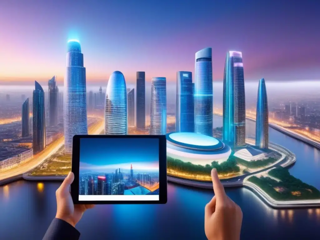 Inversión inmobiliaria futurista con inteligencia artificial Un grupo de profesionales discuten con tabletas y hologramas de IA en una ciudad futurista al anochecer