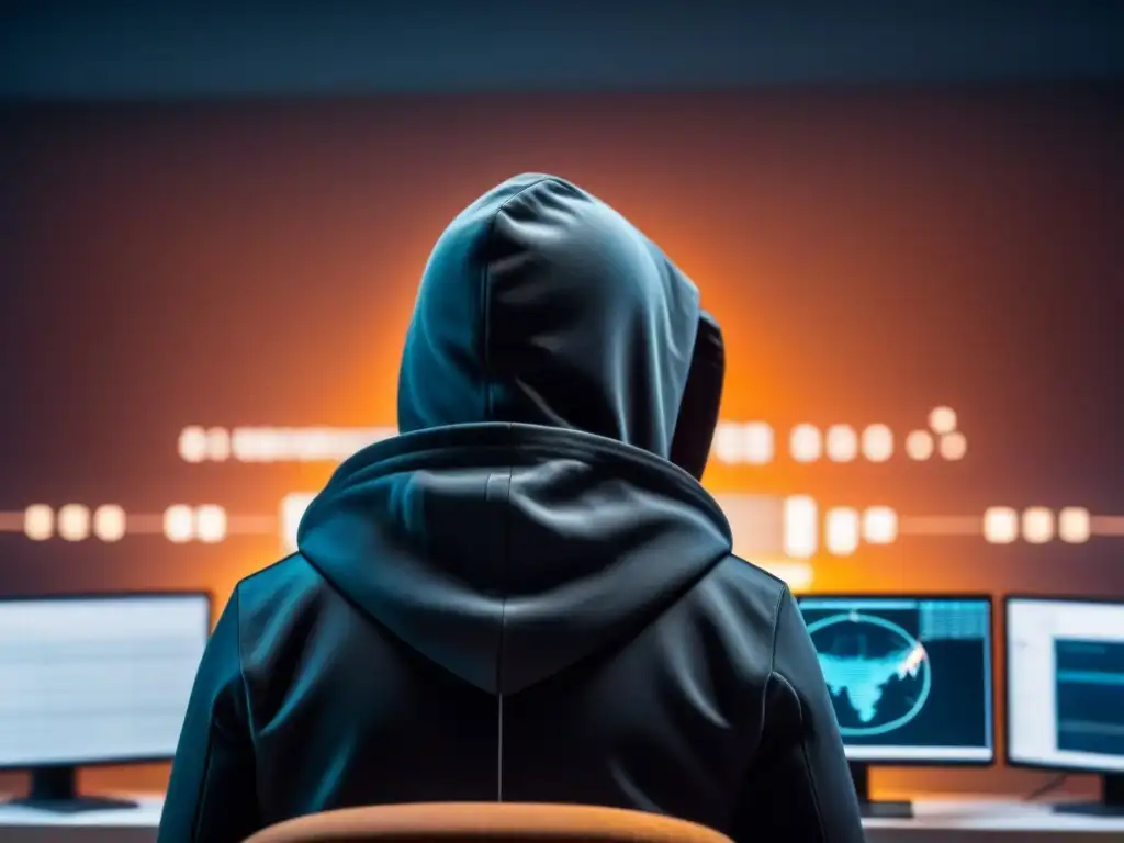Maestro del ciberespacio: hacker en su guarida virtual Un hacker en la oscuridad rodeado de código y pantallas, evocando misterio y ciberseguridad