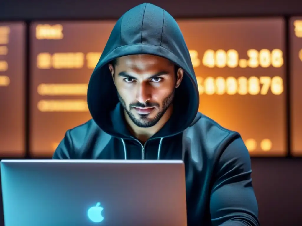 Hackeo sofisticado en plataforma inmobiliaria: imagen 8k ultra detallada Hackers en la oscuridad rodeado de códigos y datos financieros, con brechas seguridad financiamiento inmobiliario