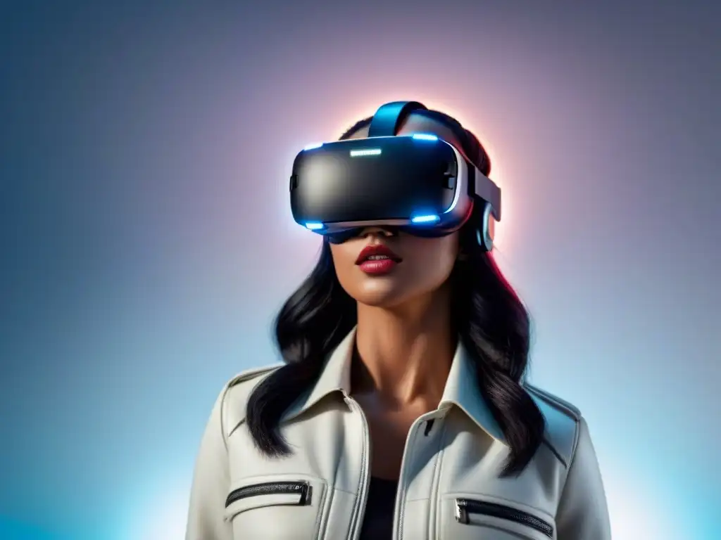 Inmersión futurista: VR headset en sala blanca Headset de Realidad Virtual en finanzas inmobiliarias en elegante ambiente futurista blanco iluminado, detalle ultradetallado