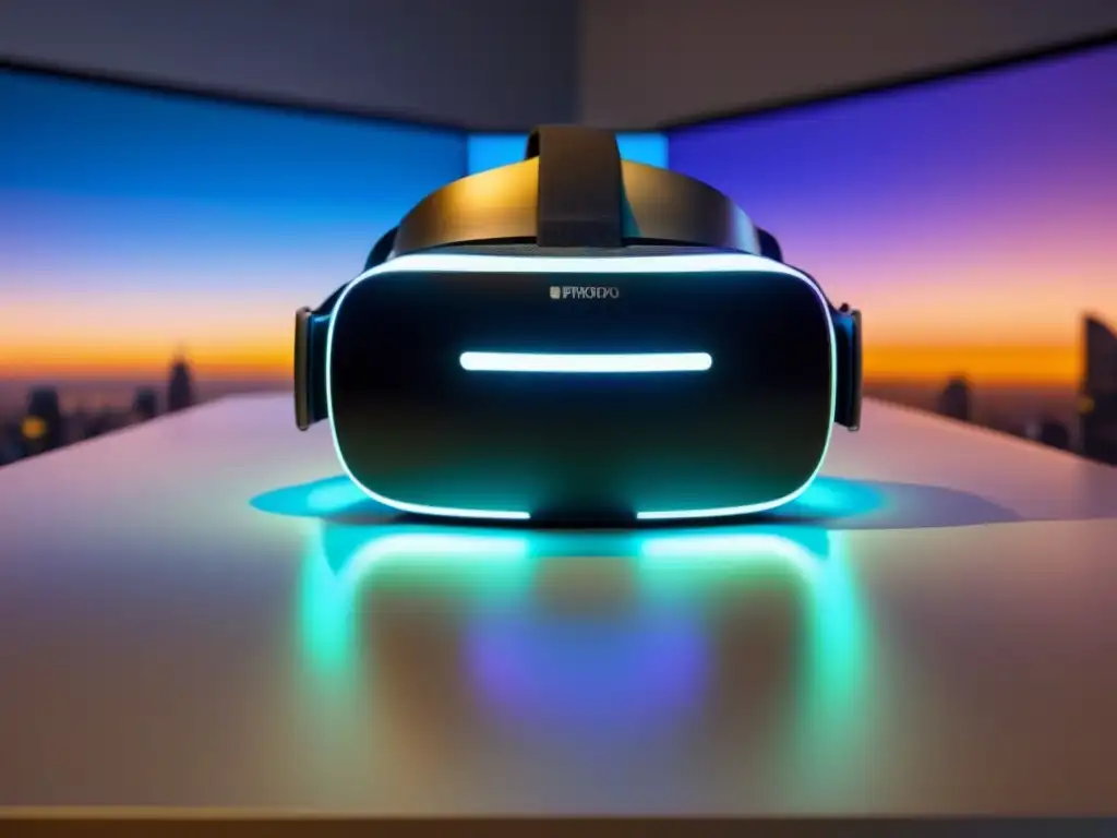 Auriculares de realidad virtual en mesa futurista Headset de Realidad Virtual en mesa futurista iluminada, reflejando tecnología de vanguardia, con proyección inmobiliaria en pantalla gigante