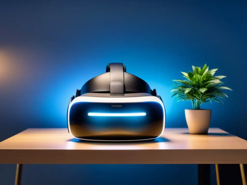 Realidad virtual: Imagen 8k de headset futurista en elegante escritorio Un headset de realidad virtual moderno en un escritorio futurista con gadgets tecnológicos