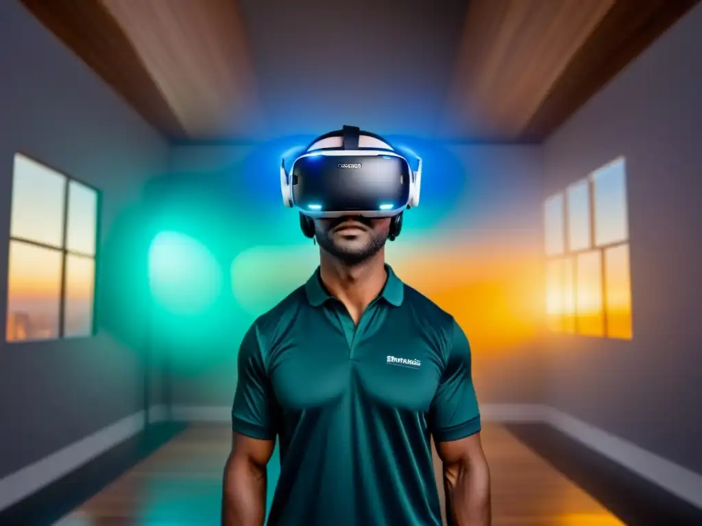 Realidad virtual revoluciona la industria inmobiliaria Un headset de Realidad Virtual en visitas inmobiliarias, rodeado de propiedades digitales detalladas y coloridas en un ambiente futurista
