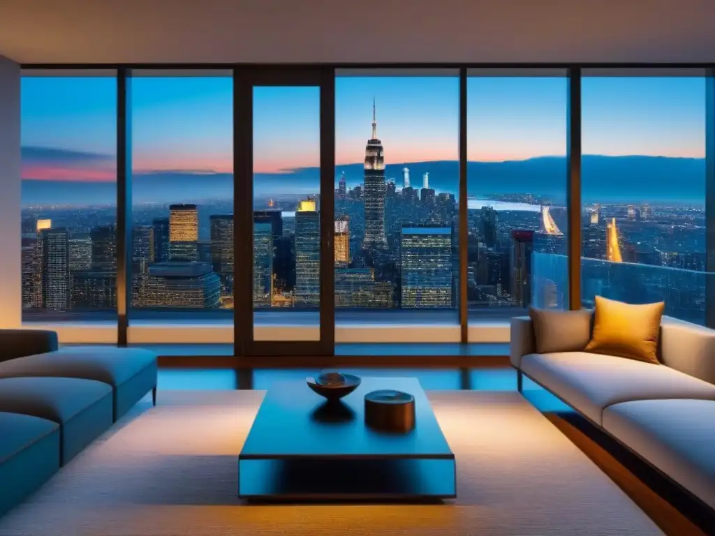 Salón de lujo con vista nocturna de la ciudad Hermosa sala de estar moderna con ventanas grandes que muestran la ciudad de noche