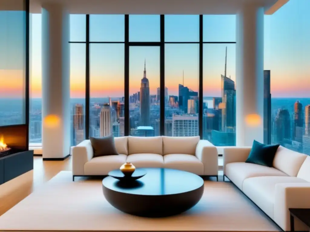 Penthouse de lujo con vistas a la ciudad: elegancia contemporánea Hermoso salón de lujo en un ático con vista a la ciudad
