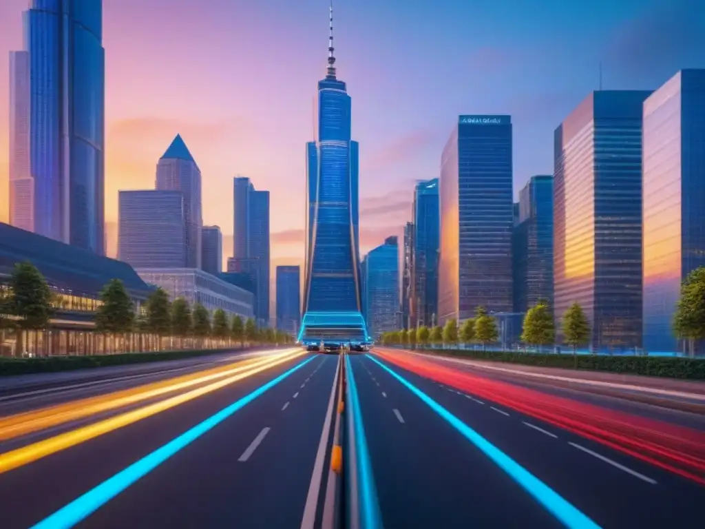 Distrito financiero futurista al atardecer: innovación y progreso Hitos históricos del mercado inmobiliario financiero con rascacielos futuristas y tecnología avanzada en vibrante atardecer