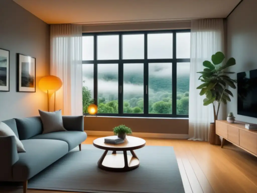 Salón sereno y armonioso con decoración moderna y plantas verdes Hogar armónico salud mental: Sala serena con mobiliario moderno, tonos terrosos suaves y plantas verdes para un ambiente tranquilo y acogedor