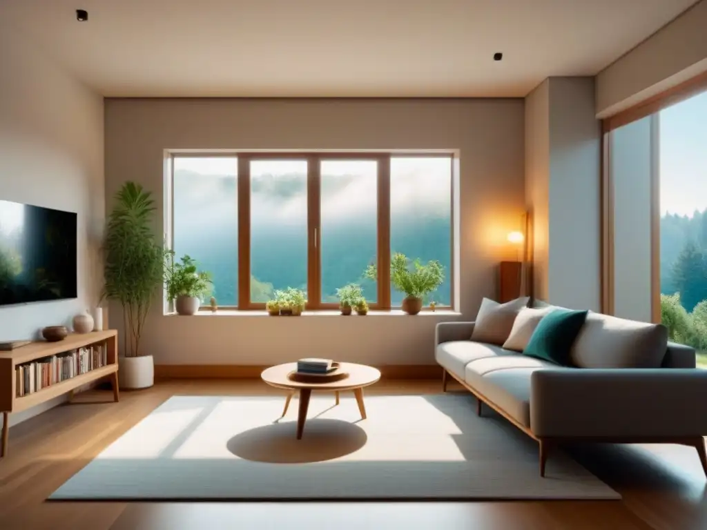 Hogar sereno y armonioso: oasis de bienestar mental Un hogar armónico para la salud mental: un oasis de tranquilidad y equilibrio con muebles cómodos, plantas verdes y un rincón de lectura acogedor