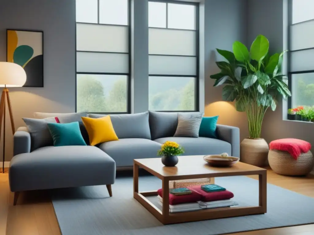 Sala moderna y serena: sofá gris, cojines coloridos y arte abstracto Hogar armónico para la salud mental: Sala moderna y serena con decoración minimalista