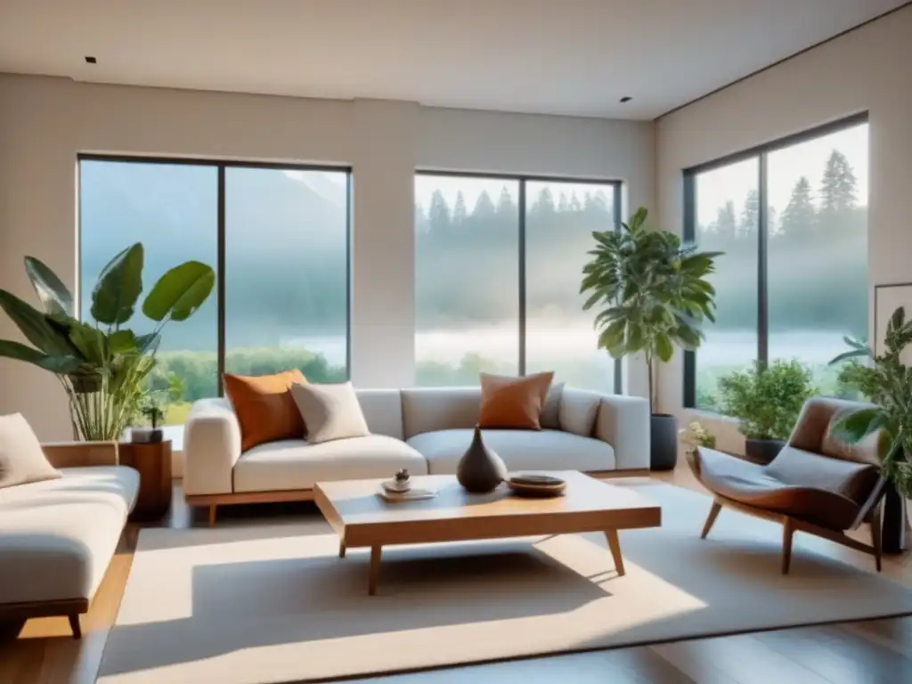 Salón minimalista: armonía natural en tonos suaves Un hogar armónico para cultivar la salud mental, con tonos neutros, luz natural y elementos naturales