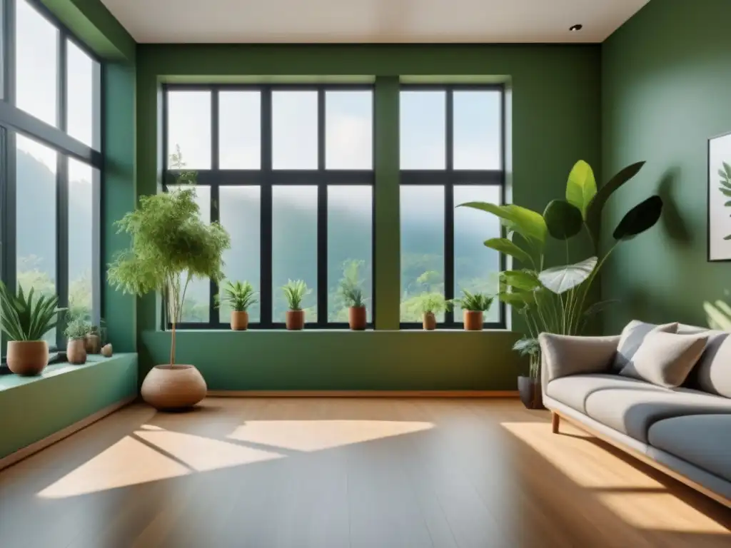 Salón moderno y sereno con conexión natural Un hogar armonioso que integra la naturaleza para el bienestar psicológico