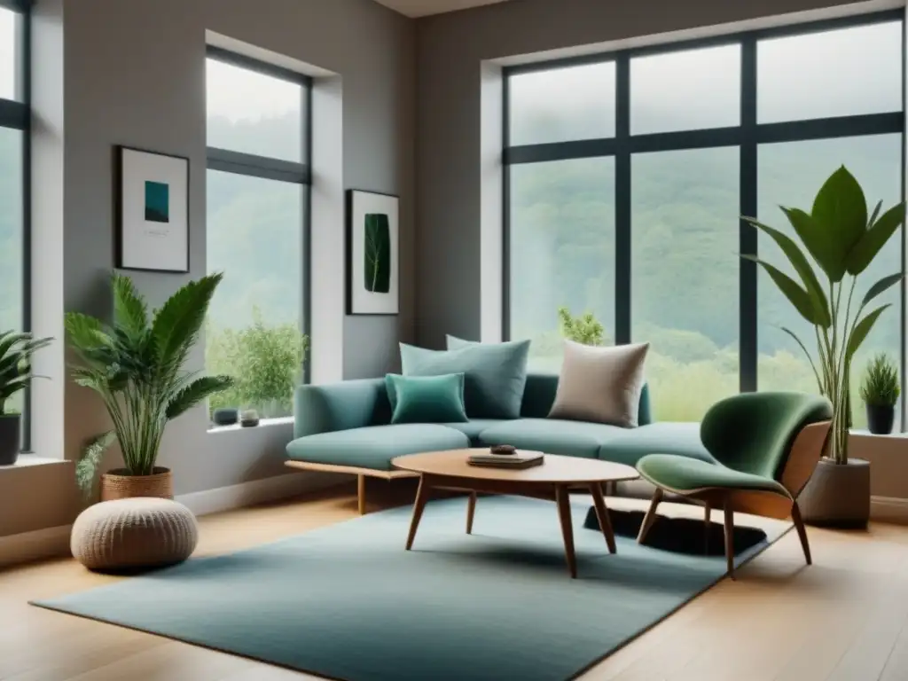 Salón minimalista: oasis de calma y bienestar con luz natural Hogar que promueve bienestar mental con muebles minimalistas, plantas y rincón de lectura acogedor