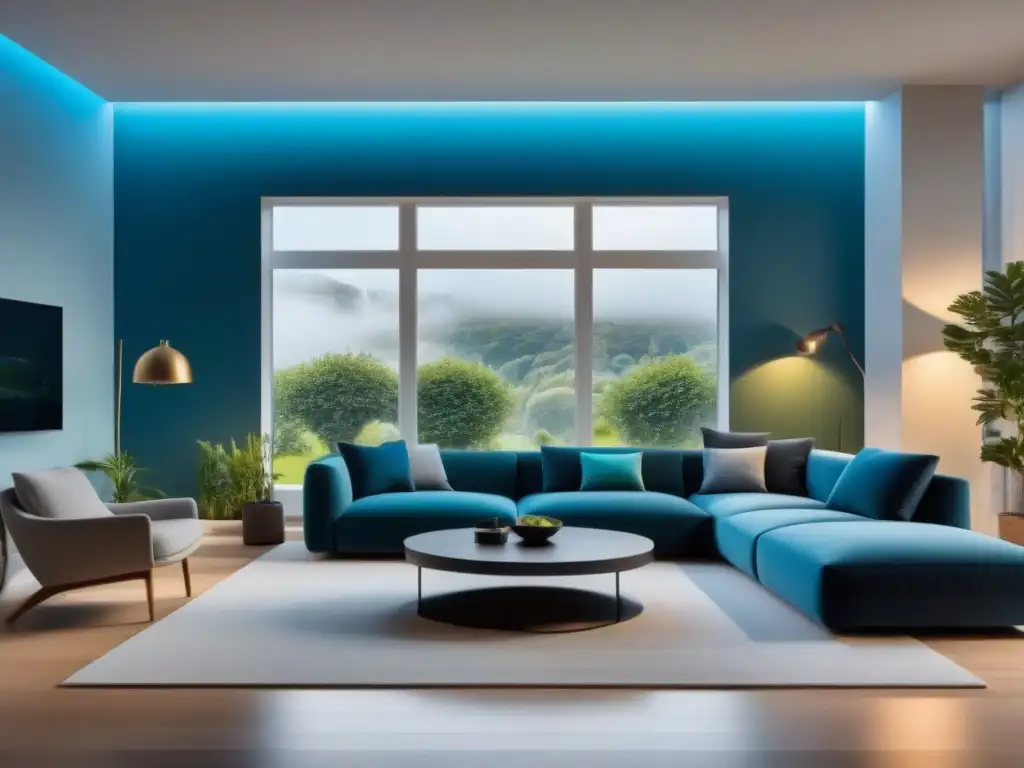 Salón inteligente de alta tecnología en armonía con la naturaleza Un hogar futurista con tecnología integrada para el bienestar emocional