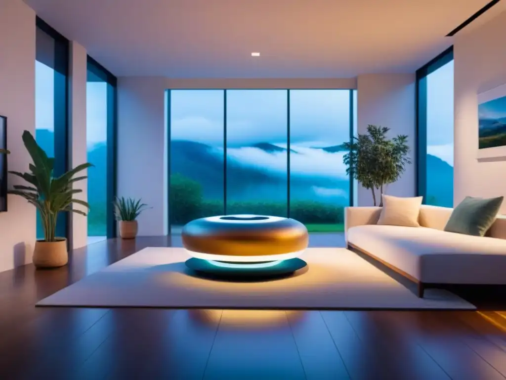 Hogar futurista: tecnología integrada para bienestar emocional Un hogar inteligente futurista y detallado con tecnología integrada para el bienestar emocional