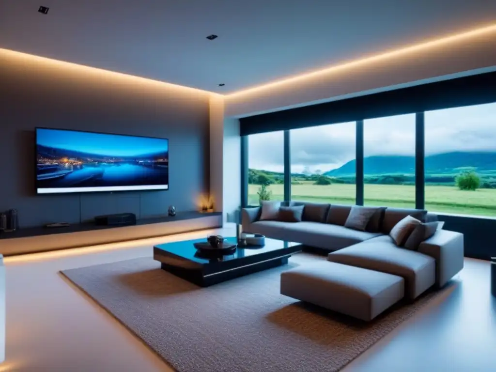 Smart Home Futurista: Tecnología AI y Lujo Un hogar inteligente futurista con tecnología AI, pantallas interactivas y beneficios de tasaciones inteligentes