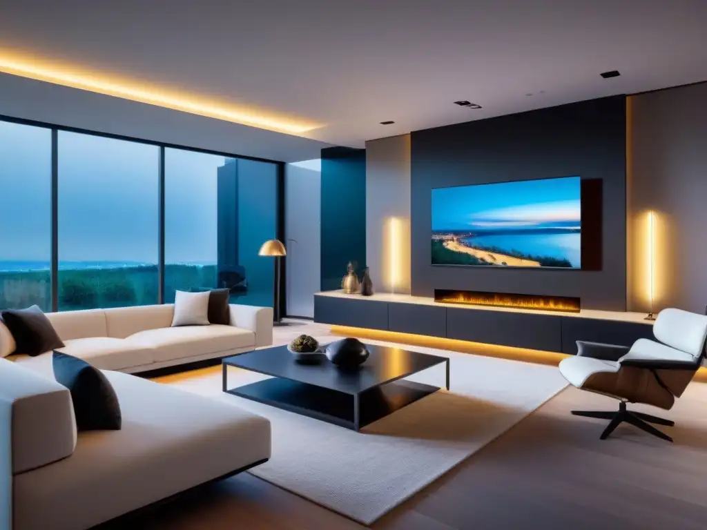 Diseño interior futurista de casa inteligente con tecnología de vanguardia Un hogar inteligente futurista con tecnología de vanguardia integrada en cada detalle