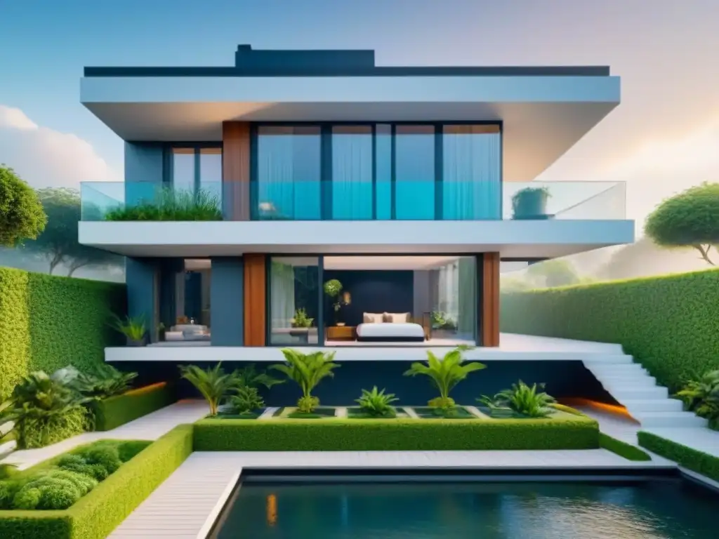 Smart home futurista para Gen Z: sostenibilidad y tecnología Un hogar inteligente futurista para la Generación Z con tecnología sostenible y jardines verticales