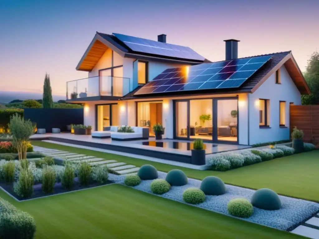 Smart home eco-sostenible con jardín exuberante Hogar inteligente con paneles solares, termostato y jardín