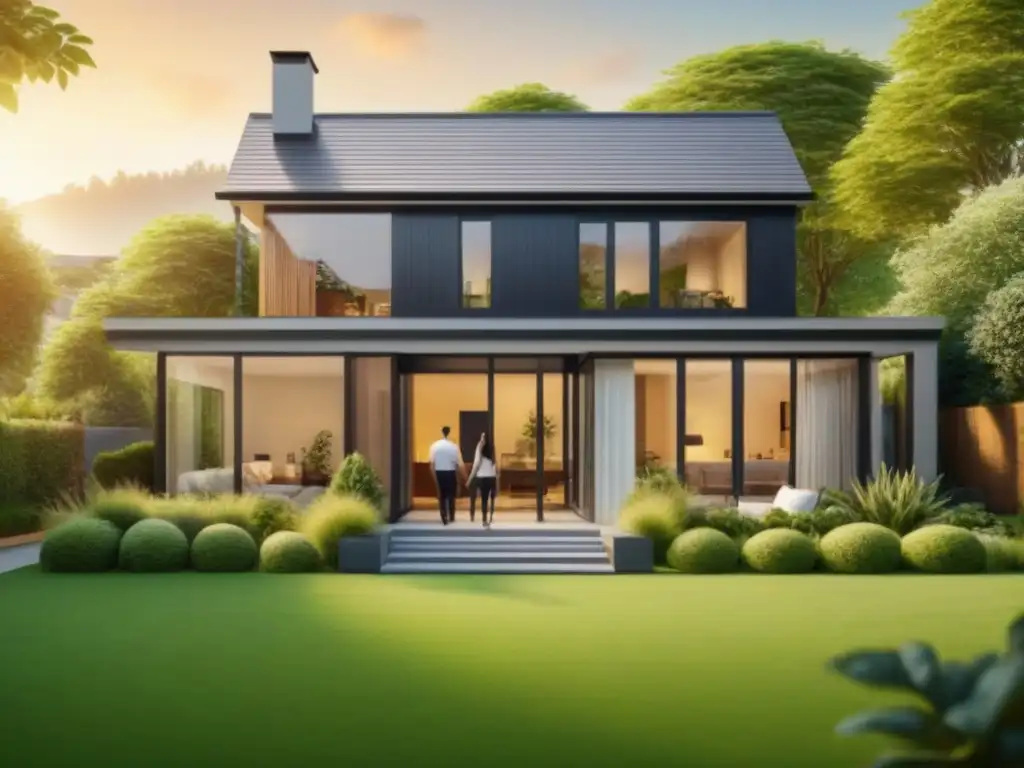 Protección familiar: casa moderna y segura con seguro de vida en hipotecas Un hogar moderno y acogedor con una familia feliz adentro, rodeado de un jardín verde vibrante