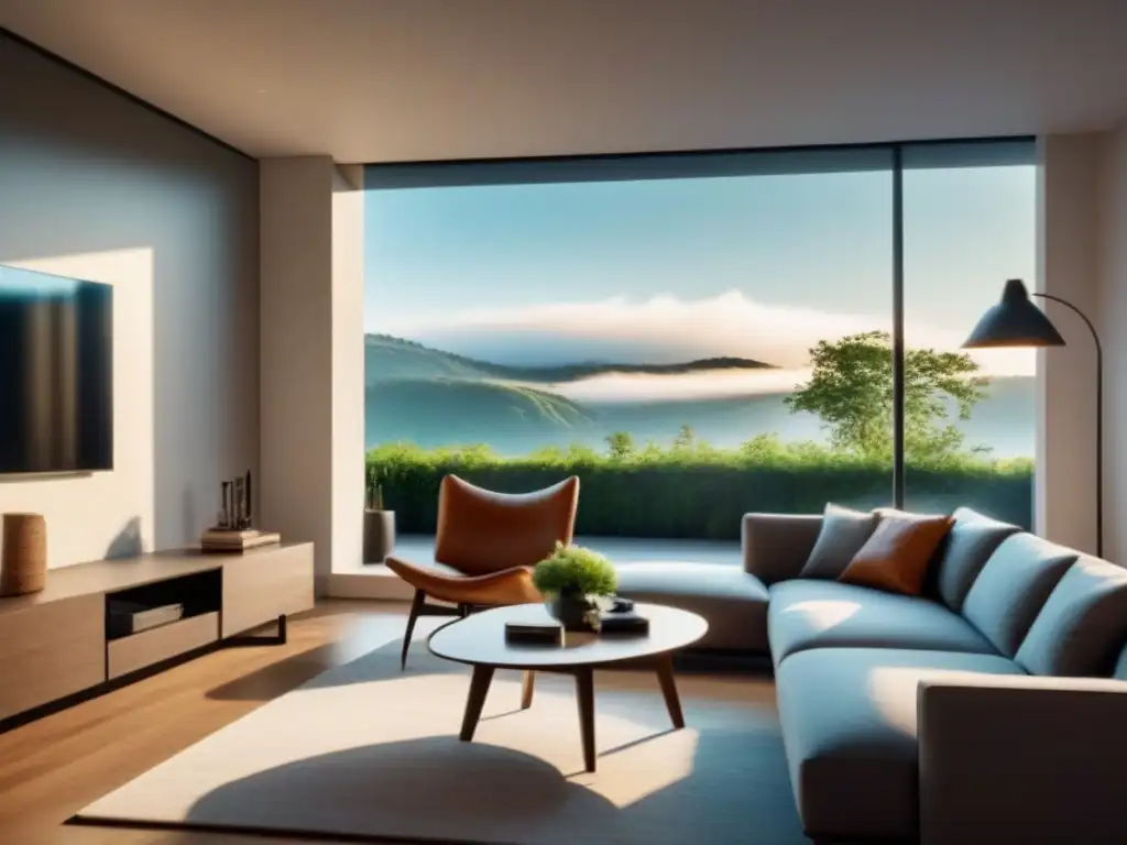 Acogedora sala de estar en casa moderna con vista panorámica Hogar moderno con gran luminosidad y diseño contemporáneo, ideal para Préstamos FHA para primera vivienda