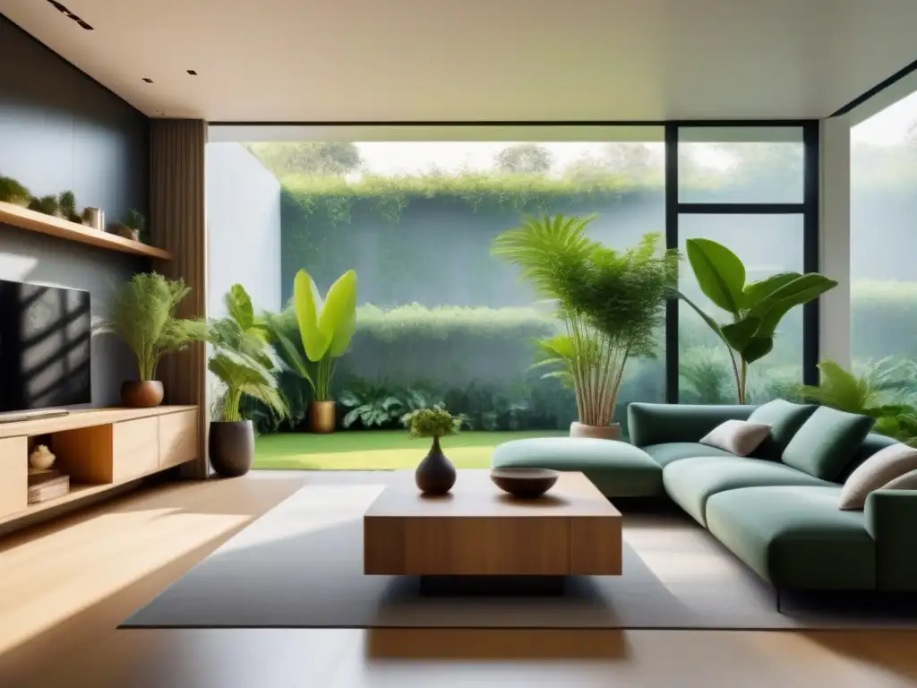 Salón moderno con jardín integrado: armonía natural Un hogar moderno con naturaleza integrada, creando bienestar psicológico