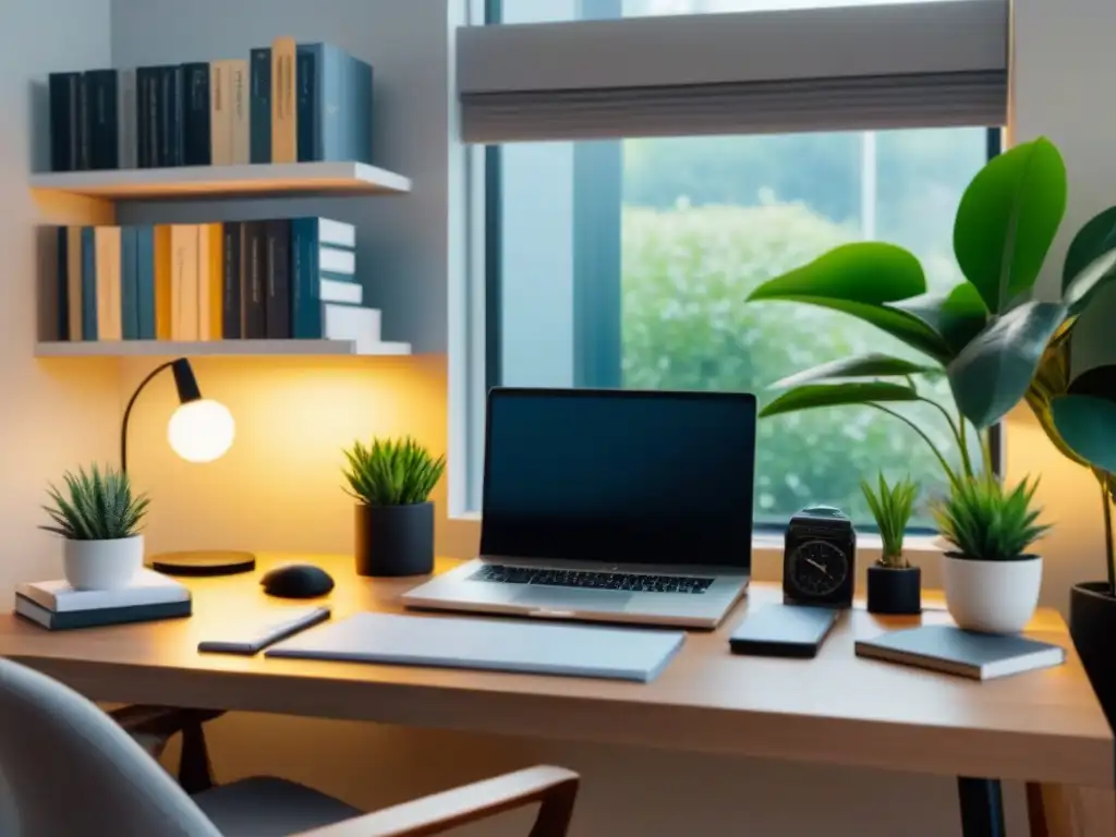 Oficina en casa moderna y ordenada para gestionar finanzas Un hogar moderno y sereno para gestionar eficientemente ingresos, gastos y alquileres