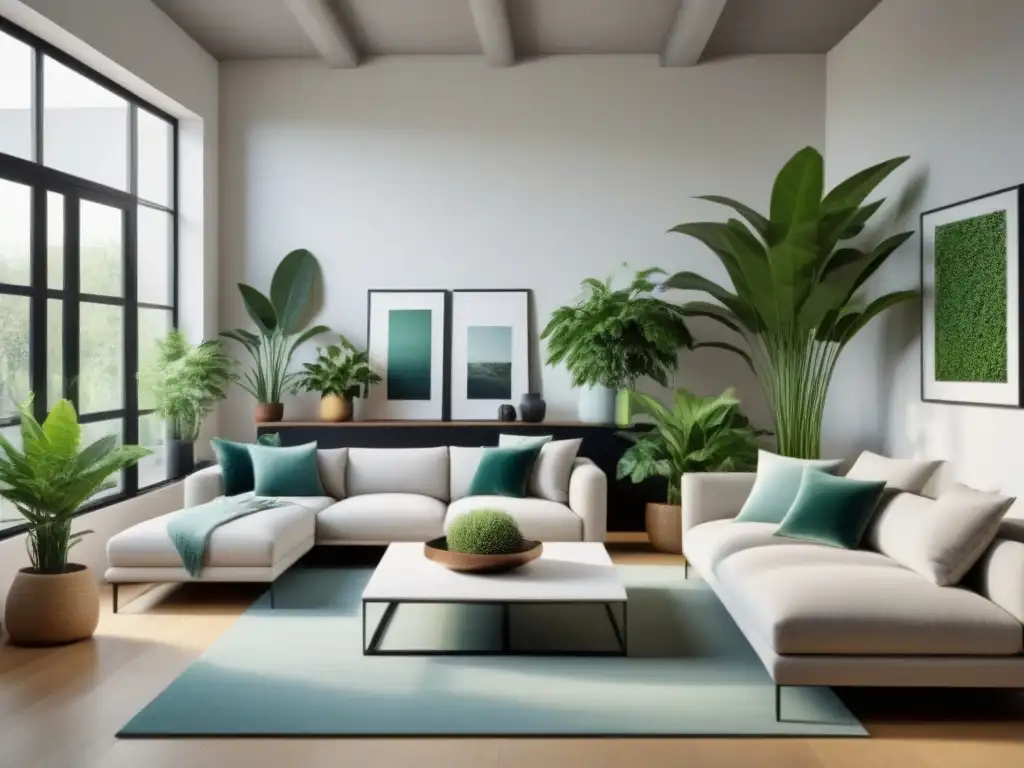 Un hogar moderno y sereno con plantas verdes, beneficiando el bienestar