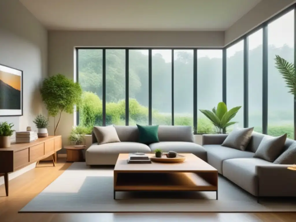 Salón moderno y sereno con vistas a jardín verde Un hogar moderno y sereno con vistas a un jardín exuberante, muebles minimalistas en tonos tierra, rincón acogedor con libros, zona de trabajo con laptop y planta, iluminación natural creando armonía