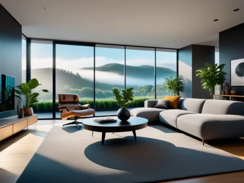 Sala de estar inteligente y minimalista en 8k ultra detallada Un hogar moderno con tecnología integrada para el bienestar emocional, muebles minimalistas y plantas verdes, iluminado por luz natural