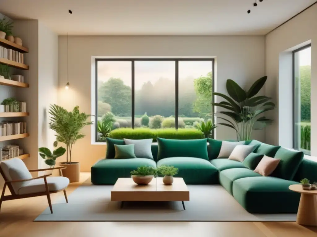 Hogar sereno y minimalista con ventana a jardín Un hogar ordenado para felicidad: sala minimalista con ventana hacia jardín, estantes organizados, sofá acogedor y plantas