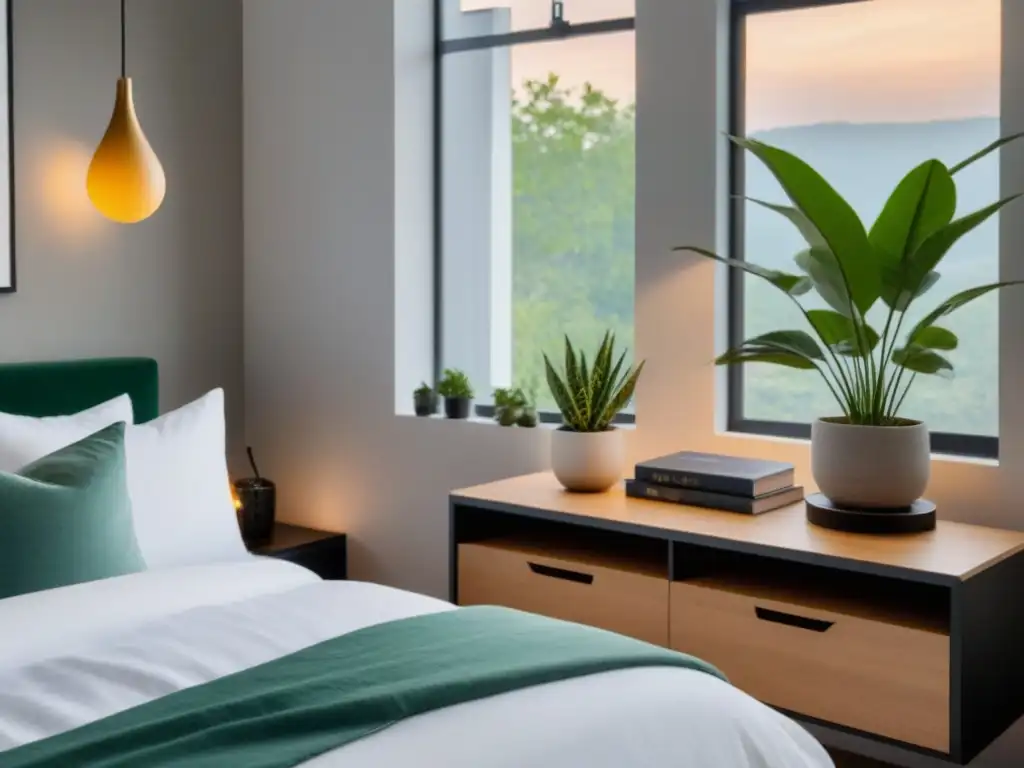 Tranquilidad y armonía en un dormitorio minimalista Hogar organizado para bienestar psicológico: dormitorio sereno y minimalista con cama impecable y detalles cuidados