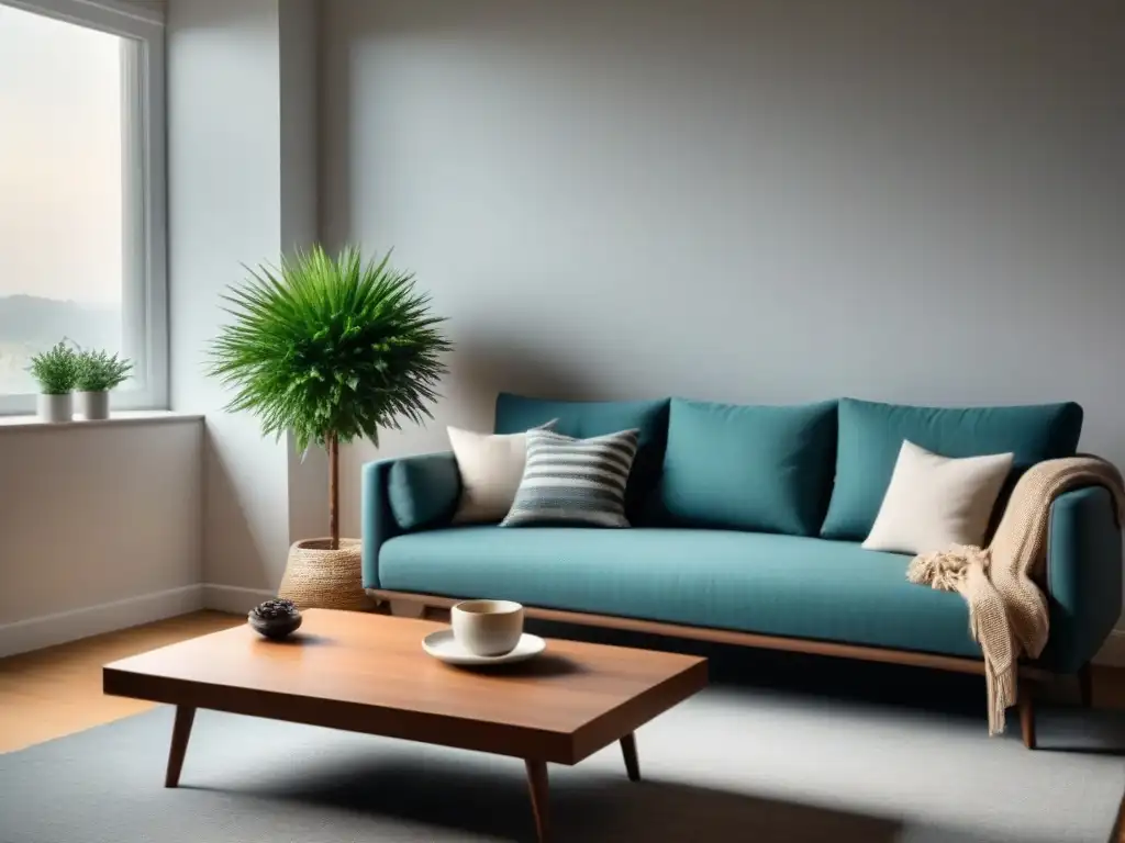 Diseño moderno y acogedor de sala de estar minimalista Un hogar organizado que promueve el bienestar psicológico, con muebles minimalistas, colores neutros y luz natural
