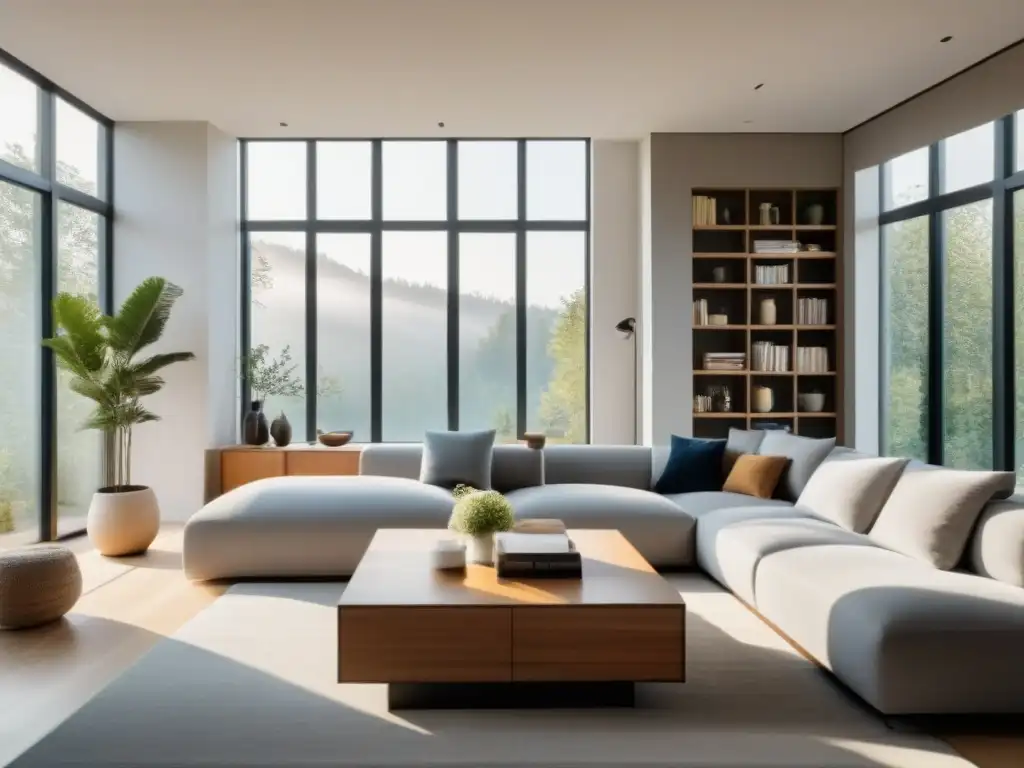 Salón moderno y organizado: oasis de calma y bienestar Un hogar organizado que promueve el bienestar psicológico, con muebles minimalistas y ambiente tranquilo