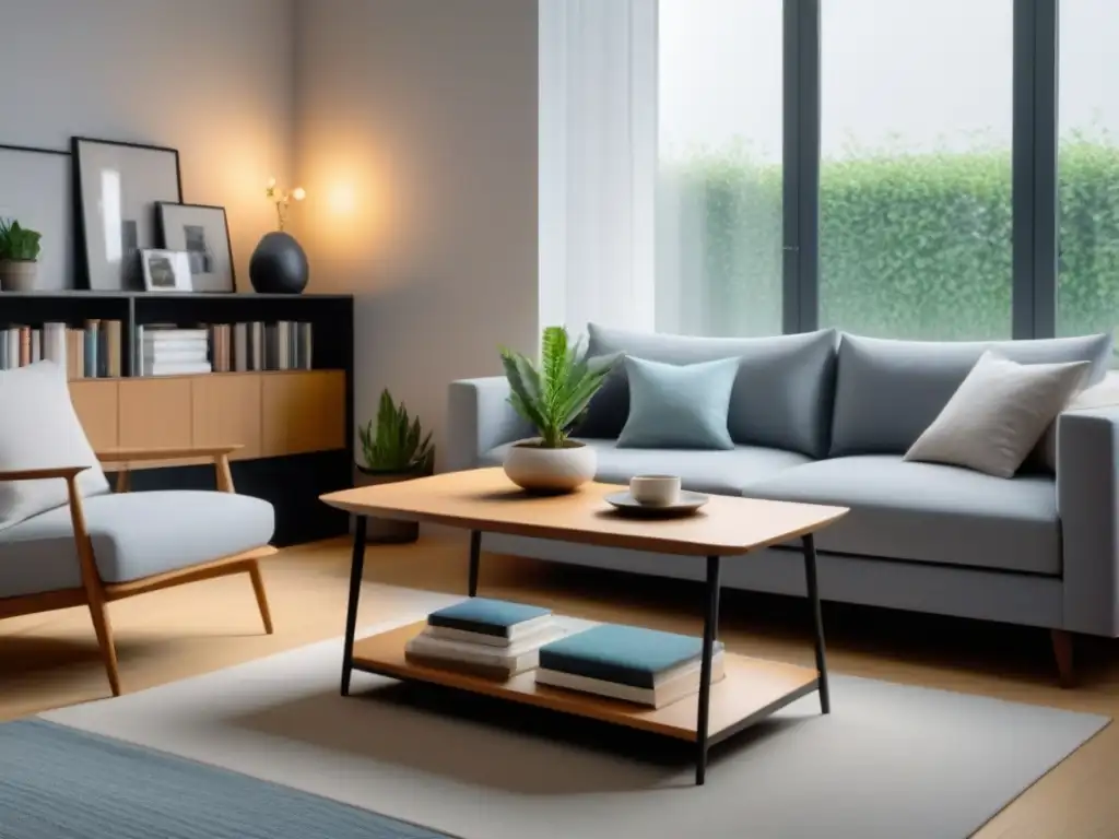 Salón minimalista y ordenado: oasis de serenidad en 8k Hogar organizado que potencia el bienestar psicológico con decoración minimalista y ambiente sereno