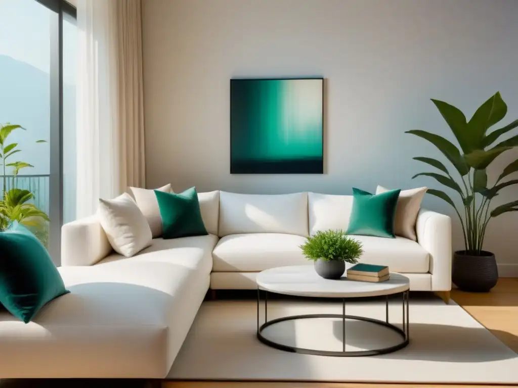 Serenidad minimalista: Sala 8k con sofá blanco y arte abstracto Un hogar sereno y minimalista con orden y armonía