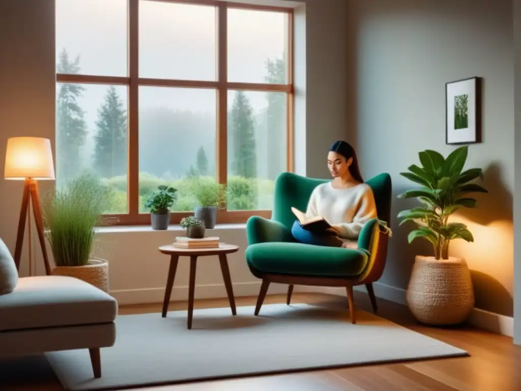 Retiro acogedor y moderno para lectura en casa con vista al jardín Hogar sereno y moderno con rincón de lectura acogedor, rodeado de naturaleza