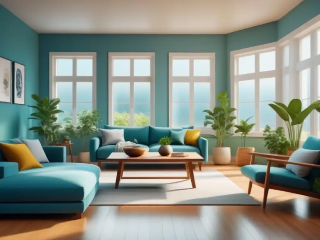 Salón moderno sereno y organizado con luz natural y plantas Un hogar tranquilo y organizado que promueve la salud mental, con toques de serenidad en un esquema de colores azul y verde