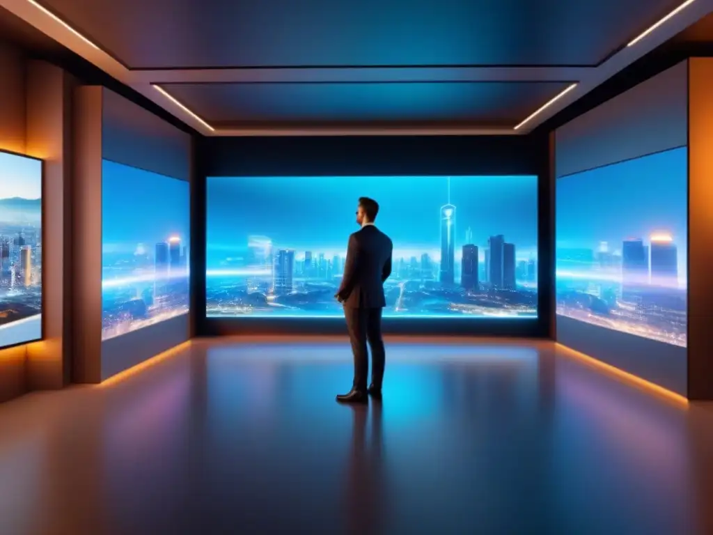 Asistente holográfico interactuando en entorno inmobiliario digital Un holograma futurista interactúa con personas diversas en un entorno inmobiliario digitalizado