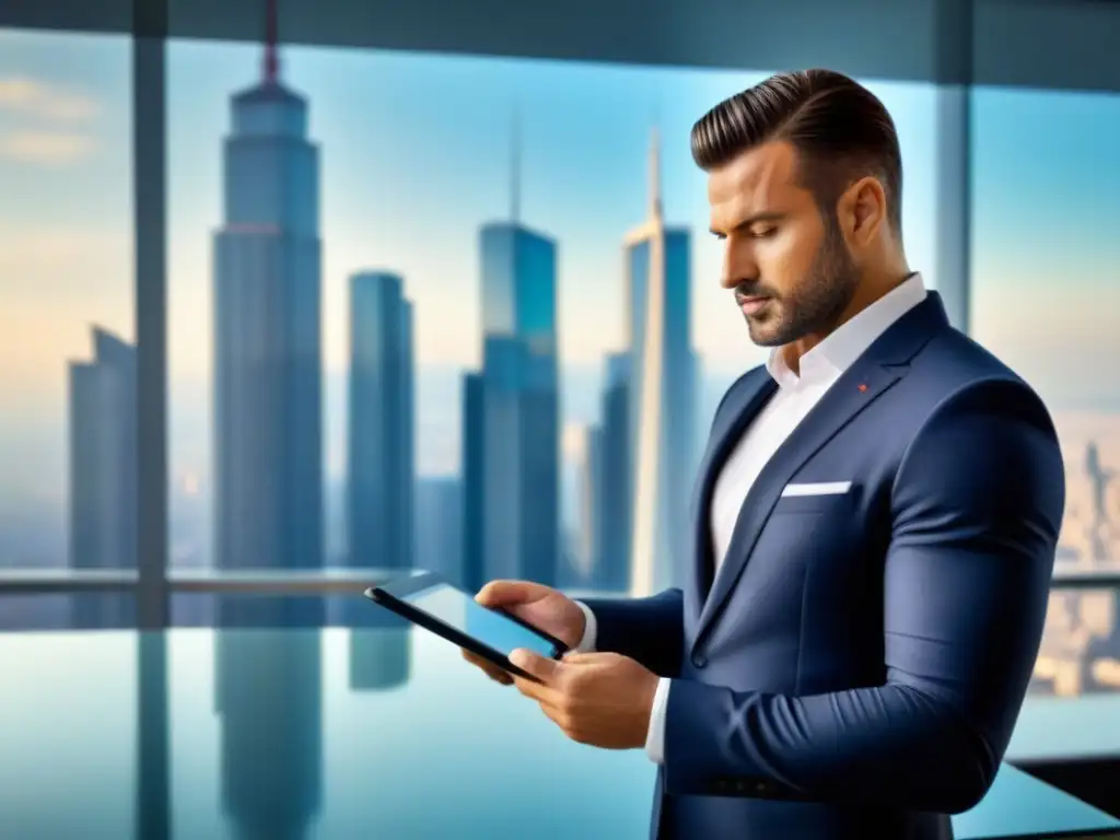 Empresario analizando gráficos financieros en tablet en oficina moderna Un hombre de negocios estudia gráficos financieros en una tableta digital en una oficina moderna con vista a la ciudad