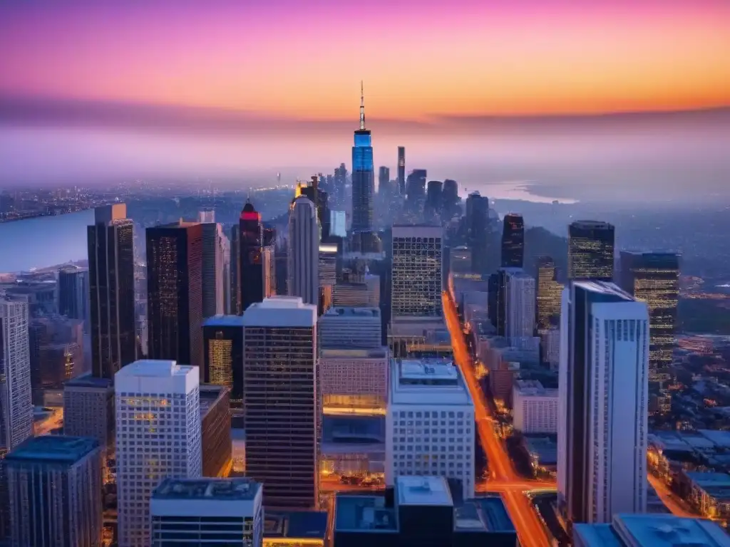 Horizonte de ciudad activo al atardecer con rascacielos comerciales modernos