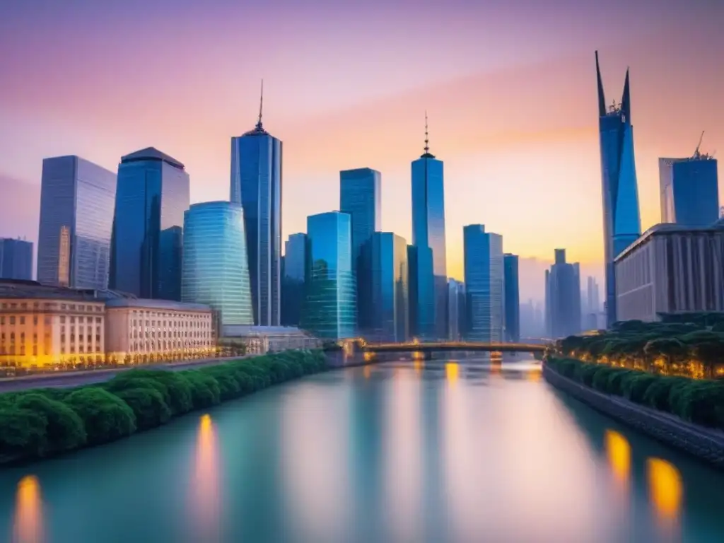 Horizonte urbano brillante: inversión inmobiliaria exitosa Horizonte de ciudad bulliciosa al anochecer, con rascacielos iluminados y reflejados en un río sereno