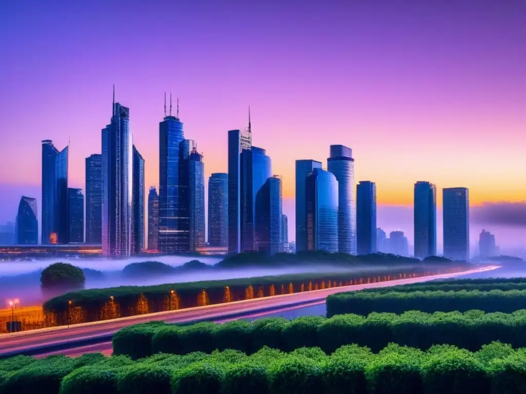 Horizonte urbano futurista al atardecer: innovación y sofisticación Un horizonte de ciudad futurista al anochecer, refleja rascacielos elegantes iluminados contra un atardecer morado y naranja
