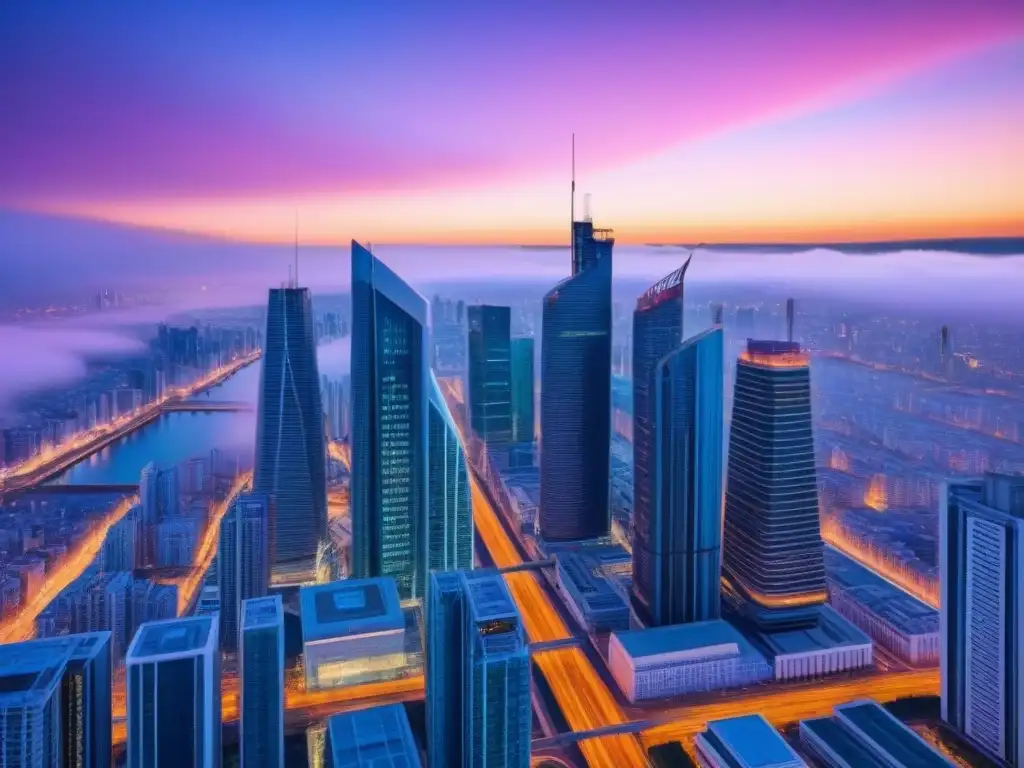 Horizonte futurista: metrópolis digital en crepúsculo Un horizonte de ciudad futurista con rascacielos iluminados por líneas vibrantes, evocando innovación y programas afiliados seguros propiedad 2023