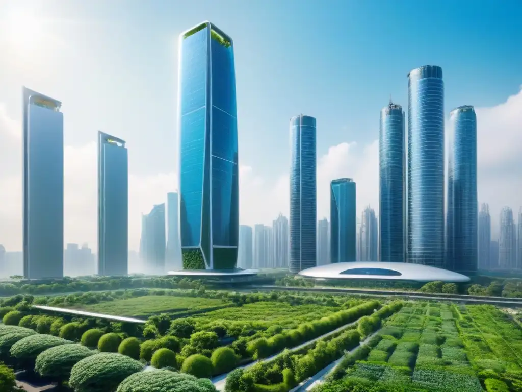 Metrópolis verde: rascacielos eco en una ciudad futurista Un horizonte de ciudad futurista con rascacielos ecológicos y jardines verticales, ilustrando un enfoque sostenible en el desarrollo urbano