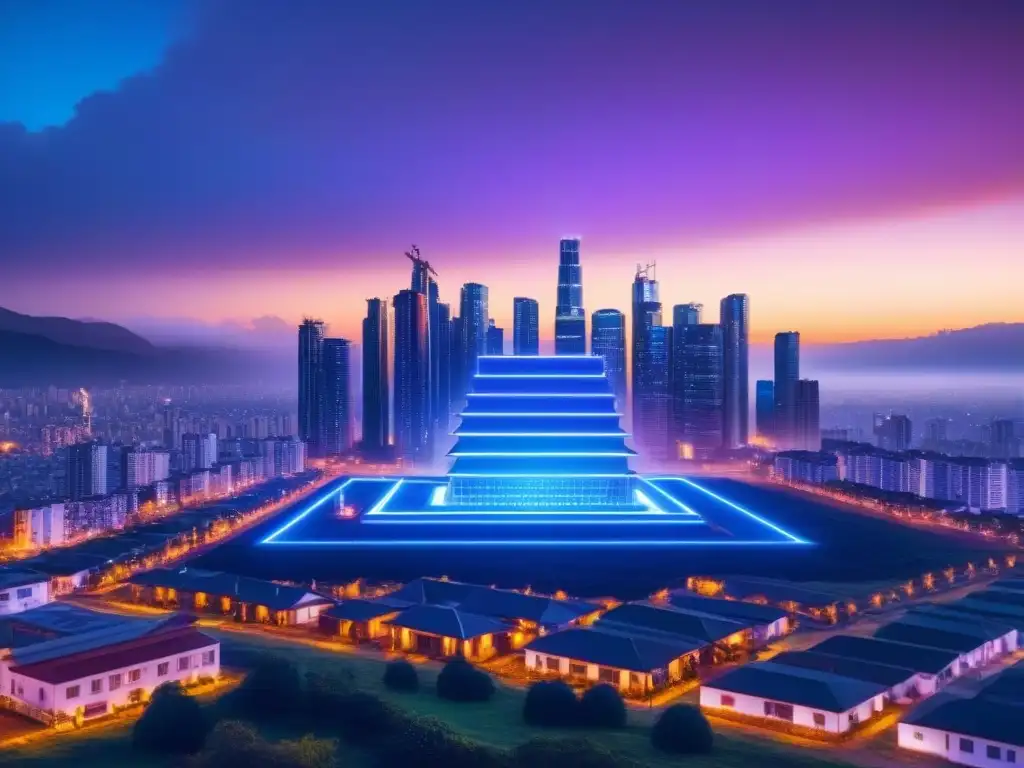 Vanguardia financiera: Casa digital comprada con criptomonedas Horizonte de ciudad futurista al anochecer con rascacielos modernos y luces de neón, fusionando arquitectura tradicional
