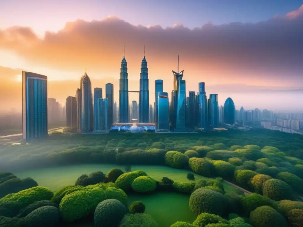 Horizonte urbano eco-sostenible: ciudad futurista y naturaleza en armonía Un horizonte de ciudad futurista con rascacielos reflejando la puesta de sol dorada, rodeado de parques verdes y una infraestructura moderna