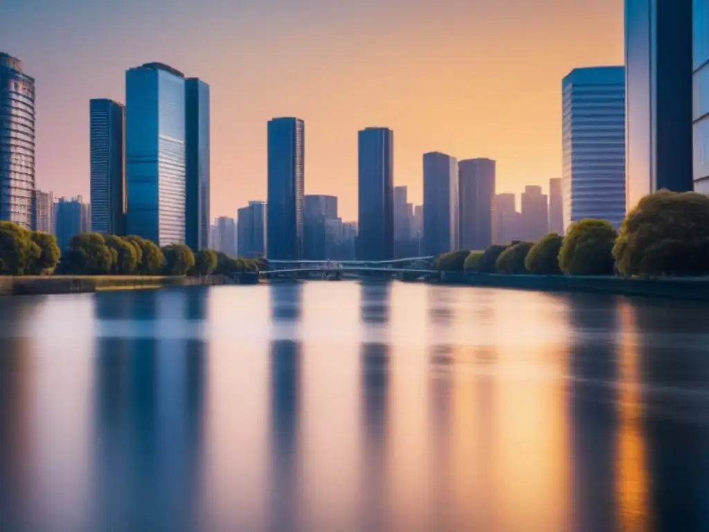 Horizonte urbano al atardecer: reflejos en el río Un horizonte de ciudad moderna al atardecer, con rascacielos iluminados por el sol